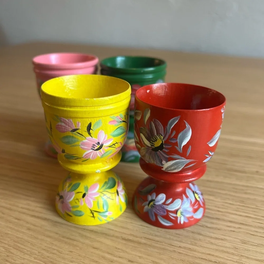 Set of 4 Hand-Painted Wooden Hungarian Farmhouse Egg Cups – Floral Vintage Decor